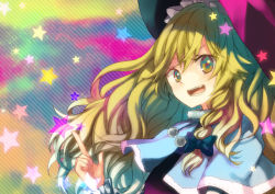Rule 34 | 1girl, :d, blonde hair, female focus, hat, kayako (tdxxxk), kirisame marisa, looking at viewer, multicolored background, open mouth, rainbow background, smile, solo, star (symbol), touhou