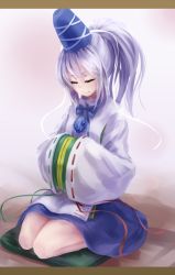 Rule 34 | 1girl, hands in opposite sleeves, hat, highres, japanese clothes, kachayori, kariginu, letterboxed, long sleeves, mononobe no futo, own hands together, ponytail, short hair, silver hair, sitting, skirt, smile, solo, tate eboshi, touhou, wide sleeves