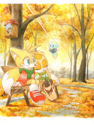 Rule 34 | 1boy, 1girl, 1other, alternate costume, autumn, bench, chao (sonic), cheese (sonic), christmas sweater, closed eyes, cream the rabbit, finik, furry, furry female, furry male, green scarf, highres, on bench, outdoors, park bench, scarf, shoes, sitting, sonic (series), sweater, tails (sonic), tree