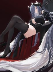 Rule 34 | 1girl, absurdres, august von parseval (azur lane), azur lane, bare shoulders, black dress, black footwear, black horns, black ribbon, black thighhighs, breasts, clothing cutout, crossed legs, curled horns, dress, feather boa, foot out of frame, from below, grin, hair over one eye, hair ribbon, high heels, highres, horns, large breasts, legs, long hair, mechanical horns, mikai 2035, one eye covered, parted lips, purple eyes, purple hair, ribbon, sidelocks, sitting, smile, solo, thighhighs, very long hair, zettai ryouiki