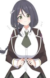 Rule 34 | 1girl, assault lily, black hair, blush, braid, braided ponytail, breasts, brown jacket, buttoning, buttons, closed mouth, collared shirt, commentary request, cowboy shot, dressing, emblem, flying sweatdrops, green eyes, green necktie, green skirt, hair between eyes, hair ornament, hands up, highres, huge breasts, inconvenient breasts, jacket, long hair, long sleeves, looking at viewer, low ponytail, nakabayashi kaina, necktie, open clothes, open jacket, pearl hair ornament, school uniform, shirt, short necktie, sidelocks, simple background, single braid, skirt, solo, standing, striped clothes, striped skirt, sweatdrop, ueda (ueeeeeeeee1006), vertical-striped clothes, vertical-striped skirt, wavy mouth, white background, white shirt