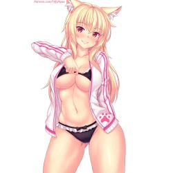 Rule 34 | 1girl, animal ear fluff, animal ears, bikini, bikini pull, black bikini, blonde hair, blush, bow, breasts, cat ears, clothes pull, collarbone, commentary, english commentary, frilled bikini, frills, gluteal fold, highres, jacket, large breasts, legs apart, long hair, looking at viewer, navel, nottytiffy, open clothes, open jacket, original, patreon username, pulling own clothes, red eyes, slit pupils, smile, solo, standing, swimsuit, tiffy (nottytiffy), watermark, web address, white background