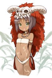 Rule 34 | 1girl, :o, armband, arms behind back, bare legs, bare shoulders, blush, bodypaint, brown hair, collarbone, cropped legs, dark skin, dark-skinned female, facial mark, fang, flat chest, green eyes, highres, jewelry, looking at viewer, midriff, navel, necklace, ohta yuichi, open mouth, original, short hair, skull, solo, strapless, tribal, tube top