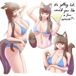 Rule 34 | 1girl, absurdres, animal ear fluff, animal ears, armpits, arms behind head, arms up, bikini, blue bikini, blue eyes, breasts, cat ears, cat girl, cleavage, closed eyes, fangs, fluffy, hand fan, highres, large breasts, long hair, looking at viewer, side bangs, sketch, smile, swimsuit, tail, takie, takie arts, text focus, thighs, white background