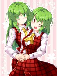 Rule 34 | 2girls, ;d, aka tawashi, ascot, blush, breasts, closed mouth, commentary request, cowboy shot, dual persona, eyes visible through hair, green eyes, green hair, head tilt, highres, holding hands, interlocked fingers, kazami yuuka, kazami yuuka (pc-98), large breasts, long hair, long sleeves, multiple girls, one eye closed, open mouth, pink background, plaid, plaid skirt, plaid vest, red eyes, red skirt, red vest, shirt, short hair, skirt, smile, standing, striped, striped background, touhou, touhou (pc-98), vertical stripes, vest, white shirt, wing collar, yellow ascot