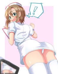 Rule 34 | !, 1girl, ass, blush, brown hair, camera, clipboard, commentary request, cowboy shot, dress, flying sweatdrops, from behind, green eyes, hair ornament, hairclip, haruki (haruki678), hat, highres, holding, holding clipboard, idolmaster, idolmaster cinderella girls, idolmaster cinderella girls starlight stage, looking at viewer, nurse, nurse cap, open mouth, panties, pantyshot, pink background, short hair, short sleeves, sidelocks, solo, spoken exclamation mark, standing, sweatdrop, tada riina, taking picture, tearing up, tears, thighhighs, underwear, white dress, white panties, white thighhighs, wristband, zettai ryouiki