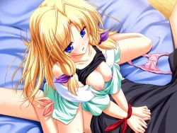 Rule 34 | 1girl, bdsm, bed, blonde hair, blue eyes, blush, bondage, bound, bound wrists, bra, bra lift, breasts squeezed together, breasts, clothed sex, clothes lift, cowgirl position, game cg, girl on top, inakoi, kamishiro mutsuki, large breasts, lingerie, long hair, nipples, off shoulder, open clothes, open shirt, panties, unworn panties, pink panties, sex, shirt, shirt lift, solo focus, straddling, sweat, tenmaso, underwear, vaginal, wet, wet clothes, wet panties