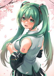 Rule 34 | 1girl, aqua eyes, aqua hair, aqua nails, blush, branch, breasts, cherry blossoms, commentary, detached sleeves, from behind, grey shirt, hair between eyes, hair ornament, hatsune miku, headset, highres, interlocked fingers, inue ao, long hair, looking at viewer, looking back, medium breasts, nail polish, open mouth, own hands clasped, own hands together, petals, shirt, skindentation, skirt, sleeveless, sleeveless shirt, solo, sweatdrop, twintails, vocaloid