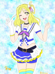 Rule 34 | 1girl, absurdres, aozora jumping heart, artist name, artist request, ateirsuto, belt, black belt, black choker, blonde hair, blue shorts, blush, bow, braid, brown eyes, choker, clenched hand, crown braid, earrings, female focus, gloves, green eyes, hair ornament, hair rings, hand wave, highres, jewelry, looking at viewer, love live!, love live! sunshine!!, medium hair, multicolored clothes, multicolored legwear, neckerchief, necktie, ohara mari, one eye closed, parted lips, purple bow, purple neckwear, sailor collar, short hair, short sleeves, shorts, single glove, skirt, smile, solo, striped clothes, striped thighhighs, thighhighs, white bow, white gloves, white skirt, yellow eyes