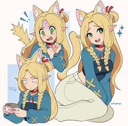 Rule 34 | !, !!, ..., 1girl, absurdres, animal ears, artist name, blonde hair, blue shirt, blue shrug, braid, cat ears, cat girl, cat tail, choker, cremanata, dungeon meshi, elf, green eyes, highres, kneeling, long hair, looking at object, looking at viewer, marcille donato, multiple views, open mouth, pants, pet food, pointy ears, red choker, shirt, sparkle, tail, teeth, twin braids, upper teeth only, white pants