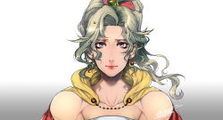 Rule 34 | 1girl, bare shoulders, blue eyes, cape, collarbone, earrings, final fantasy, final fantasy vi, gradient background, green hair, hair ribbon, hiryuu (kugelcruor), jewelry, long hair, looking at viewer, muscular, muscular female, parted bangs, pink ribbon, ponytail, portrait, ribbon, signature, smile, solo, tina branford, upper body, v arms, wavy hair, yellow cape