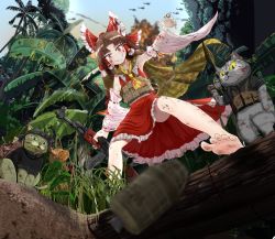 Rule 34 | 1girl, aircraft, ak-47, assault rifle, benikurage (cookie), blood, blood on clothes, blood on face, blush, bow, brown hair, cat shit one, cookie (touhou), crossover, explosive, grenade, gun, hair bow, hair tubes, hakurei reimu, helicopter, highres, holding, holding gun, holding weapon, jungle, kalashnikov rifle, looking at viewer, miura cat, nature, pai kebon baa, palm tree, parted lips, red bow, red eyes, rifle, rocket launcher, rpg, rpg-7, rpg (weapon), short hair, smile, teeth, touhou, tree, weapon