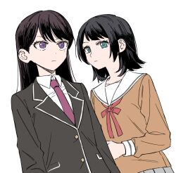 2girls aged_down akni bang_dream! bang_dream!_it&#039;s_mygo!!!!! black_hair black_jacket blazer blue_eyes brown_hair brown_shirt closed_mouth collarbone collared_shirt commentary_request grey_skirt hanasakigawa_school_uniform haneoka_school_uniform jacket korean_commentary long_hair long_sleeves mole mole_under_eye multiple_girls neck_ribbon necktie pleated_skirt purple_eyes purple_necktie red_ribbon ribbon school_uniform serafuku shiina_taki shirt short_hair simple_background skirt upper_body white_background white_shirt yahata_umiri