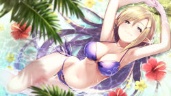 1girl arms_up bikini blurry breasts cleavage collarbone commentary_request depth_of_field elf female_focus flower hair_ornament hairclip hibiscus highres large_breasts leaf light_brown_hair looking_at_viewer multicolored_eyes navel original partially_submerged pointy_ears purple_bikini purple_eyes side-tie_bikini_bottom smile solo swimsuit tokumaro water yellow_eyes