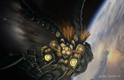 Rule 34 | 2013, commentary, dated, earth (planet), godzilla (series), kaijuu, larry quach, mecha, mechagodzilla, military, milky way, motion blur, orbit, planet, realistic, robot, science fiction, signature, space, squid, star (sky), star (symbol), starry background, thrusters