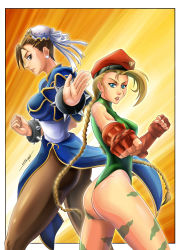 Rule 34 | 2girls, absurdres, ahoge, ass, beret, blonde hair, blue eyes, bodypaint, bracelet, braid, breasts, brown hair, bun cover, cammy white, camouflage, capcom, chun-li, double bun, earrings, fernando sano, fighting stance, fingerless gloves, gloves, hair bun, hairline, hat, highres, huge ahoge, jewelry, large breasts, leotard, lips, long hair, multiple girls, nose, pantyhose, pelvic curtain, sano br, scar, see-through, see-through legwear, spiked bracelet, spikes, street fighter, thick thighs, thighs, thong leotard, twin braids