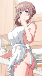 Rule 34 | 1girl, apron, ass, blue eyes, breasts, brown hair, cowboy shot, female focus, highres, long hair, looking at viewer, medium breasts, mochizuki honami, naked apron, nude, open mouth, ponytail, project sekai, solo, towel, white apron
