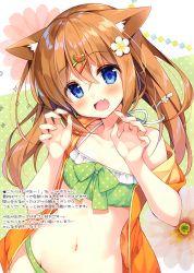 Rule 34 | 1girl, :d, absurdres, animal ears, bare shoulders, bikini, blue eyes, blush, breasts, brown hair, claw pose, collarbone, dog ears, fang, flower, green bikini, groin, hair flower, hair ornament, hairclip, hands up, highres, jacket, long hair, looking at viewer, navel, open clothes, open jacket, open mouth, orange jacket, original, scan, small breasts, smile, solo, suimya, swimsuit, upper body