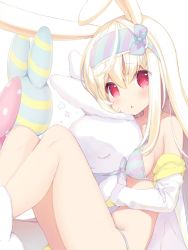 Rule 34 | 1girl, animal ears, bare shoulders, blonde hair, bow, breasts, commentary request, cynthia riddle, diagonal-striped bikini, diagonal-striped bow, diagonal-striped clothes, feet out of frame, hair between eyes, highres, hood, hood down, hooded jacket, jacket, knees up, long hair, mask, mask on head, medium breasts, mofu-mofu after school, mofumofu channel, off shoulder, open clothes, open jacket, p19, rabbit ears, red eyes, simple background, sitting, sleep mask, solo, striped clothes, stuffed animal, stuffed rabbit, stuffed toy, very long hair, white background, white jacket