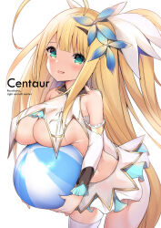 Rule 34 | 1girl, ahoge, azur lane, ball, bare shoulders, beachball, blush, breasts, centaur (azur lane), character name, cisyo, commentary, detached sleeves, duplicate, english text, green eyes, hair ornament, holding, holding ball, large breasts, long hair, looking at viewer, pixel-perfect duplicate, simple background, smile, solo, underboob, very long hair, white background