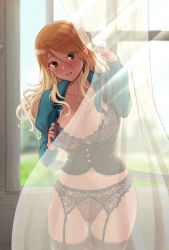 Rule 34 | 1girl, backlighting, black eyes, blonde hair, blouse, blush, bra, breasts, brown hair, collarbone, collared shirt, corset, curtains, earrings, eyes visible through hair, garter belt, gradient hair, gyaru, idolmaster, idolmaster shiny colors, indoors, izumi mei, jewelry, lace, lace bra, lace panties, large breasts, long hair, long sleeves, looking at viewer, multicolored hair, open clothes, open shirt, panties, puffy long sleeves, puffy sleeves, see-through, shirt, shizuhime, signature, smile, solo, sunlight, tan, thighhighs, underwear, window