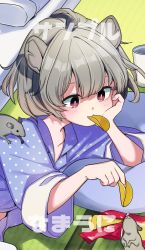 Rule 34 | 1girl, animal, animal ears, animal on shoulder, blue pajamas, blush, chips (food), collarbone, commentary request, cup, food, food in mouth, grey hair, hair between eyes, hand up, head rest, highres, holding, holding food, long sleeves, lying, mouse (animal), mouse ears, mouth hold, namauni, nazrin, on side, pajamas, pillow, polka dot, polka dot pajamas, potato chips, red eyes, shadow, short hair, solo, tatami, touhou, translation request, upper body, wide sleeves