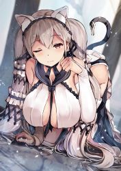 Rule 34 | 1girl, absurdly long hair, absurdres, all fours, animal ears, azur lane, bare shoulders, black choker, black neckwear, black sailor collar, blurry, blurry background, bow, dress bow, breasts, bridal gauntlets, cat ears, cat tail, center opening, choker, dress, dress bow, dress flower, fake animal ears, feather dress, formidable (azur lane), formidable (timeless classics) (azur lane), gloves, grey hair, highres, huge breasts, long hair, looking at viewer, official alternate costume, one eye closed, orange eyes, paw pose, sailor collar, se-u-ra, sleeveless, sleeveless dress, solo, tail, two-tone dress, two-tone ribbon, very long hair, white dress, white gloves
