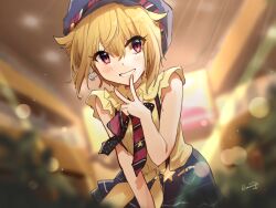 Rule 34 | 1girl, absurdres, ahoge, blonde hair, blue hat, blue skirt, blurry, blurry background, blush, breasts, cowboy shot, dot nose, earrings, grin, hair between eyes, hand up, hat, highres, ibuki tsubasa, idolmaster, idolmaster million live!, idolmaster million live! theater days, jewelry, large breasts, lens flare, looking at viewer, necktie, nnnn, orange nails, red eyes, shirt, short hair, short sleeves, signature, skirt, smile, solo, standing, striped necktie, suspender skirt, suspenders, two-tone necktie, v, yellow shirt