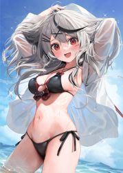 Rule 34 | 1girl, :d, arms behind head, arms up, banned artist, bikini, black bikini, black hair, blue sky, bow, breasts, cloud, commentary request, fang, grey hair, hair ornament, hairclip, hands in hair, highres, hololive, long hair, looking at viewer, medium breasts, multicolored hair, navel, open mouth, parsley-f, plaid, plaid bow, red eyes, sakamata chloe, side-tie bikini bottom, sky, smile, solo, sparkle, stomach, streaked hair, swimsuit, virtual youtuber, wading, water, wet, wet hair, x hair ornament
