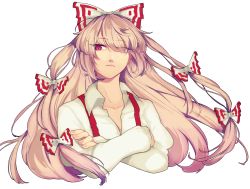 Rule 34 | 1girl, bad id, bad pixiv id, bow, closed mouth, collar, collared shirt, crossed arms, eyes visible through hair, fujiwara no mokou, garan co, hair between eyes, hair bow, highres, long hair, long sleeves, looking to the side, multicolored bow, pink hair, puffy sleeves, red bow, red eyes, shirt, simple background, solo, touhou, upper body, white background, white bow, white shirt, white sleeves