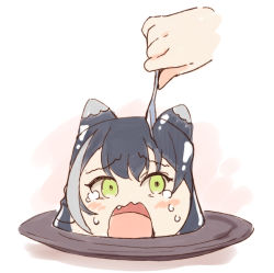 Rule 34 | 1girl, 1other, animal ears, black hair, blush, cat ears, crying, crying with eyes open, disembodied hand, fang, food, foodification, green eyes, grey hair, holding, holding spoon, karyl (princess connect!), meito (maze), multicolored hair, objectification, open mouth, plate, princess connect!, pudding, solo focus, spoon, streaked hair, tears, white background