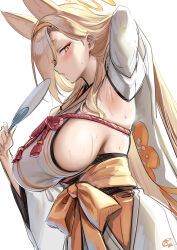 Rule 34 | 1girl, alternate breast size, animal ears, arm behind head, arm up, armpits, bare shoulders, blonde hair, blue archive, blush, breasts, collarbone, commentary, eyeliner, fox ears, halo, hand fan, japanese clothes, kaho (blue archive), kimono, large breasts, long hair, makeup, mole, mole under mouth, okitakung, parted bangs, rope, sash, short eyebrows, sideboob, sleeveless, sleeveless kimono, solo, sweat, symbol-only commentary, white kimono, yellow eyes
