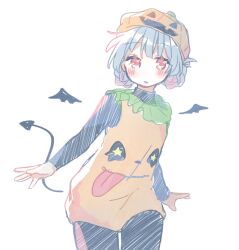 Rule 34 | 1girl, arms at sides, black pants, blue hair, blush, braid, cha ipride, cowboy shot, demon tail, demon wings, halloween costume, highres, hyodou shizuku, idoly pride, leaning to the side, legs together, long bangs, long sleeves, looking at viewer, mini wings, orange shirt, pants, parted lips, pumpkin hat, red eyes, shirt, simple background, solo, tail, thigh gap, white background, wings