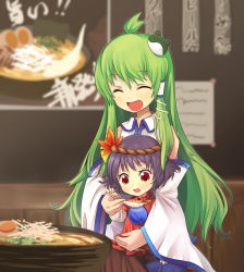 Rule 34 | 2girls, aged down, ahoge, autumn leaves, blue skirt, blurry, blurry background, blush, closed eyes, commentary request, detached sleeves, feeding, food, food request, frog hair ornament, gradient eyes, green hair, hair ornament, hair tubes, happy, highres, indoors, kochiya sanae, layered clothes, long hair, long skirt, maroon skirt, mirror, multicolored eyes, multiple girls, open mouth, purple hair, red eyes, red shirt, shirt, short hair, sitting, sitting on lap, sitting on person, size difference, skirt, sleeveless, sleeveless shirt, smile, snake hair ornament, table, tatuhiro, touhou, very long hair, white shirt, wide sleeves, yasaka kanako, yellow eyes