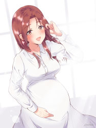 Rule 34 | 1girl, alternate costume, back, blush, breasts, brown eyes, brown hair, dress, hand in own hair, highres, long hair, looking at viewer, medium breasts, minna-dietlinde wilcke, miyu (lovesickness), pregnant, smile, solo, strike witches, white dress, world witches series