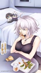 Rule 34 | 1girl, ahoge, artist name, bare shoulders, bed, black dress, breasts, chaldea uniform, character doll, cleavage, closed eyes, closed mouth, commentary request, dress, fate/grand order, fate (series), fujimaru ritsuka (male), grey hair, highres, indoors, jeanne d&#039;arc alter (fate), jeanne d&#039;arc alter (ver. shinjuku 1999) (fate), jewelry, large breasts, morinaga ramune, necklace, pillow, short hair, sitting, sleeveless, sleeveless dress, smile, solo, table