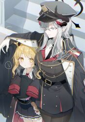 Rule 34 | !, 2girls, black dress, black jacket, black necktie, black pantyhose, blonde hair, blue archive, blue eyes, blush, bow, breasts, buttons, chibirisu, collared shirt, cowboy shot, demon horns, demon wings, double-breasted, dress, gloves, grey hair, hair over one eye, halo, hat, hat bow, highres, holding, holding clothes, holding hat, horns, ibuki (blue archive), jacket, long hair, looking at another, low wings, makoto (blue archive), medium hair, military jacket, military uniform, multiple girls, multiple horns, neck ribbon, necktie, pantyhose, peaked cap, pinafore dress, pleated dress, pointy ears, rain, red ribbon, ribbon, shirt, sidelocks, signature, sleeveless, sleeveless dress, sleeves past fingers, sleeves past wrists, spoken exclamation mark, stuffed animal, stuffed toy, teddy bear, twitter username, uniform, white gloves, white shirt, wings, yellow eyes