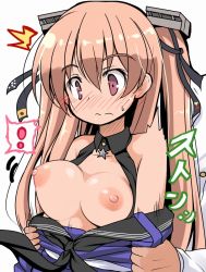 Rule 34 | !, 1boy, 1girl, admiral (kancolle), assisted exposure, bare shoulders, black neckwear, black ribbon, blush, bouncing breasts, breast slip, breasts, breasts out, brown hair, closed mouth, hair ribbon, johnston (kancolle), kantai collection, long hair, long sleeves, medium breasts, nipples, no bra, open clothes, purple eyes, ribbon, school uniform, serafuku, simple background, sound effects, star (symbol), sweat, tsuzuri (tuzuri), twintails, two side up, upper body, white background