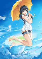 Rule 34 | 1girl, :d, amano hina (tenki no ko), arms up, bare shoulders, barefoot, blue eyes, blue sky, boots, cloud, feet, hair between eyes, highres, holding, holding umbrella, jumping, knees together feet apart, micro shorts, open mouth, pocket, shoes, shorts, sky, smile, solo, teeth, tenki no ko, toes, twintails, umbrella, unworn shoes, upper teeth only, vest, water, water drop, white vest, yellow umbrella, yp7 (vvy), zipper