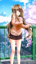 Rule 34 | 1girl, :d, adjusting hair, bare legs, black skirt, blurry, blurry background, blush, bow, bridge, brown hair, brown sweater, day, doukyuusei another world, hair between eyes, hair bow, hair intakes, kakyuusei 2, long hair, long sleeves, looking at viewer, low twintails, miniskirt, open mouth, outdoors, pencil skirt, red eyes, saimon tamaki, skirt, sleeves past wrists, smile, solo, spring (season), standing, sweater, twintails, very long hair, yellow bow