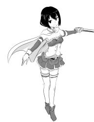 Rule 34 | 1girl, ankle boots, boots, breasts, cape, cleavage, closed mouth, commentary request, cosplay, detached sleeves, frills, full body, gloves, greyscale, highres, holding, holding sword, holding weapon, long sleeves, looking at viewer, magical girl, mahou shoujo madoka magica, mahou shoujo madoka magica (anime), miki sayaka, miki sayaka (cosplay), miniskirt, monochrome, motomiki, official alternate hair length, official alternate hairstyle, pleated skirt, short hair, simple background, sketch, skirt, small breasts, smile, solo, split mouth, standing, strapless, sword, tamura yuri, thighhighs, watashi ga motenai no wa dou kangaetemo omaera ga warui!, weapon, white background