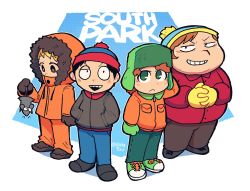Rule 34 | 4boys, black hair, blonde hair, blush, brown hair, closed mouth, coat, commentary, copyright name, english commentary, eric cartman, gloves, green eyes, grin, hands in pockets, hat, highres, hood, hood up, interlocked fingers, kenny mccormick, kyle broflovski, long sleeves, male focus, mittens, multiple boys, open mouth, orange hair, pants, pocket, rariatto (ganguri), simple background, smile, south park, stan marsh, standing, twitter username