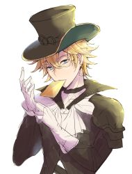 Rule 34 | &gt;:3, 10s, 1boy, :3, adjusting clothes, adjusting gloves, blonde hair, bloom, blue eyes, cape, card, ascot, earrings, gloves, granblue fantasy, hat, highres, jewelry, kaitou chat noir, kazuki (ka3du6ki), long sleeves, looking at viewer, male focus, monocle, mouth hold, simple background, solo, top hat, upper body, v-shaped eyebrows, white background, white gloves, white theme