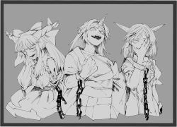 Rule 34 | 3girls, belt, bow, breasts, chain, clenched hand, commentary request, cowboy shot, cropped legs, cuffs, evil eyes, evil smile, eyebrows hidden by hair, fingernails, flower, frown, grey background, greyscale, hair bow, hand on own face, hand up, horn ornament, horn ribbon, horns, hoshiguma yuugi, ibaraki douji&#039;s arm, ibuki suika, kijima (amayadori-tei), long fingernails, long hair, looking at viewer, low tied hair, monochrome, multiple girls, neckerchief, off shoulder, oni, oni horns, open mouth, parted bangs, pointy ears, puffy short sleeves, puffy sleeves, ribbon, shackles, sharp fingernails, sharp teeth, shirt, short hair, short sleeves, side-by-side, sidelocks, simple background, single horn, skirt, sleeveless, sleeveless shirt, smile, sneer, star (symbol), tabard, teeth, torn clothes, torn sleeves, touhou, veins, wrist cuffs