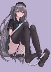 Rule 34 | 1girl, black dress, black hat, black panties, black thighhighs, blue gloves, chinese commentary, collared dress, commentary request, cross, dress, feet, full body, gloves, grey hair, hat, highres, indie virtual youtuber, long hair, looking at viewer, minai karte, no shoes, nurse cap, open mouth, panties, partially visible vulva, red eyes, short sleeves, simple background, solo, thighhighs, two side up, underwear, very long hair, virtual youtuber, yeklsa