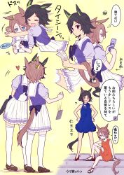 Rule 34 | 2girls, ?, animal ears, arms behind back, ayame iro (toumei dolce), bandaid, bandaid on face, black hair, blue dress, blue eyes, breasts, brown footwear, brown hair, closed mouth, dress, dropping, english text, glomp, heart, high heels, highres, holding, holding phone, horse ears, horse girl, horse tail, hug, implied kiss, jitome, kiss, knee up, mary janes, motion lines, multiple girls, multiple views, narita taishin (umamusume), notice lines, open mouth, orange dress, paper, phone, purple shirt, red eyes, sandals, shirt, shoes, short hair, sitting, skirt, sleeveless, sleeveless dress, small breasts, speech bubble, speed lines, squiggle, surprise kiss, surprised, tail, thighhighs, thought bubble, translation request, umamusume, white legwear, white skirt, winning ticket (umamusume), yuri