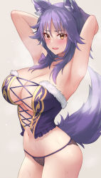 Rule 34 | 1girl, animal ears, armpits, arms up, black pants, blush, breasts, choker, corset, fang, highres, large breasts, looking at viewer, makoto (cinderella) (princess connect!), makoto (princess connect!), medium hair, navel, open mouth, pants, princess connect!, purple choker, purple hair, sidelocks, simple background, sixteenpo, solo, tail, wolf ears, wolf girl, wolf tail, yellow eyes