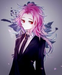 Rule 34 | 1boy, black jacket, black necktie, chinese commentary, closed mouth, collared shirt, commentary request, dice156, formal, hatsutori hajime, highres, jacket, long hair, long sleeves, male focus, necktie, pink hair, red eyes, saibou shinkyoku, shirt, solo, suit, suit jacket, upper body, white shirt