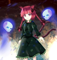 Rule 34 | 1girl, :3, animal ears, bow, braid, cat ears, cat tail, hair bow, highres, hitodama, kaenbyou rin, light smile, looking at viewer, multiple tails, nekomata, red eyes, red hair, skull, solo, tail, touhou, twin braids, wottosei