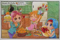 Rule 34 | 3girls, bellemere, birthday, book, box, cake, chibi, clothes writing, family, food, fruit, gift, gift box, kitchen, mohawk, mother and daughter, multiple girls, nami (one piece), nojiko, one piece, onexone, orange (fruit), orange hair, pink hair, ponytail, siblings, sisters, table